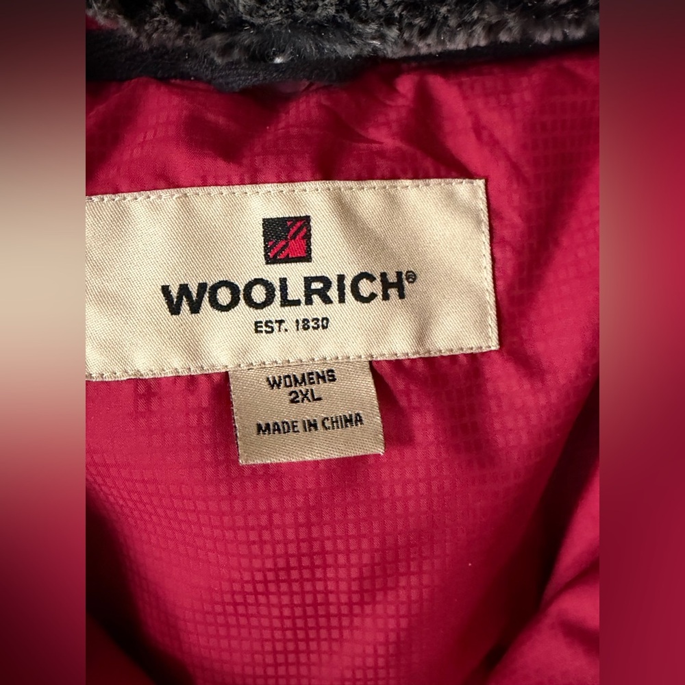 Woolrich Quilted Jacket Long Duck Down Insulated Fur Collar Belted 2XL ruby red - Picture 6 of 14